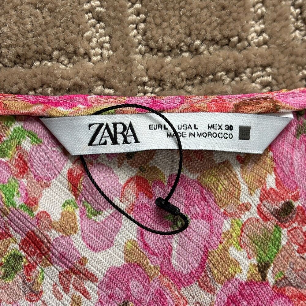 Zara Floral Print Mini Dress Women's L Pink Flounce Hem Lightweight Long Sleeve - Picture 5 of 10